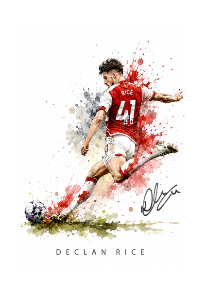 Bring football passion into your home with this striking Declan Rice inspired artwork featuring a bold watercolour splash design and printed autograph reproduction styling. Professionally printed on premium 300gsm gloss paper, this modern football print adds colour and energy to bedrooms, games rooms, offices and sports themed spaces.

Choose between an unframed A4 print or a ready to display black framed version.

Perfect for football fans, Arsenal supporters and sports memorabilia lovers looking for a sty