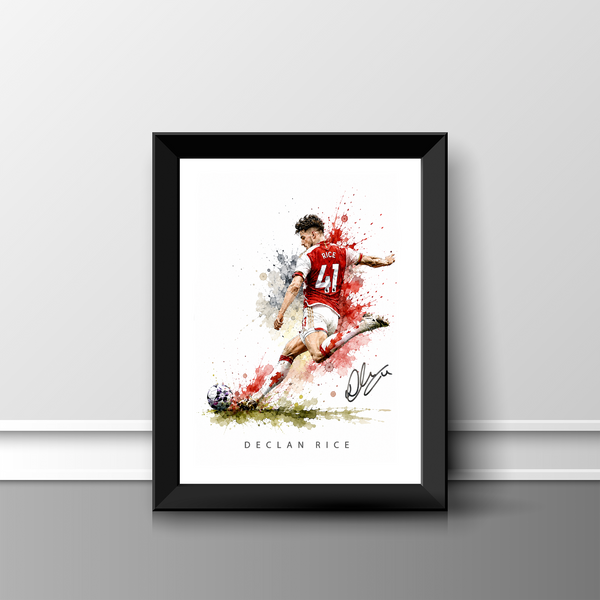 Bring football passion into your home with this striking Declan Rice inspired artwork featuring a bold watercolour splash design and printed autograph reproduction styling. Professionally printed on premium 300gsm gloss paper, this modern football print adds colour and energy to bedrooms, games rooms, offices and sports themed spaces.

Choose between an unframed A4 print or a ready to display black framed version.

Perfect for football fans, Arsenal supporters and sports memorabilia lovers looking for a sty