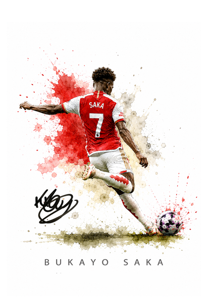 Bring the excitement of football into your home with this striking Bukayo Saka-inspired watercolour artwork. Featuring a dynamic action pose, vibrant watercolour splashes and a printed reproduction-style autograph, this premium-quality A4 print makes a fantastic display piece for football supporters.

Perfect for bedrooms, games rooms, home offices or man caves, this modern football print is available either professionally framed in a black frame or supplied unframed ready for your own display.

Features

✔