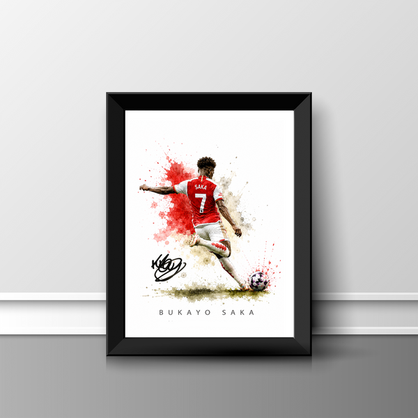 Bring the excitement of football into your home with this striking Bukayo Saka-inspired watercolour artwork. Featuring a dynamic action pose, vibrant watercolour splashes and a printed reproduction-style autograph, this premium-quality A4 print makes a fantastic display piece for football supporters.

Perfect for bedrooms, games rooms, home offices or man caves, this modern football print is available either professionally framed in a black frame or supplied unframed ready for your own display.

Features

✔