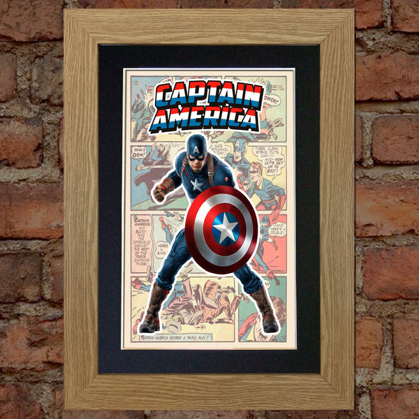 CAPTAIN AMERICA Superhero Wall Comic Art Black / Silver / Gold Frame Poster #715