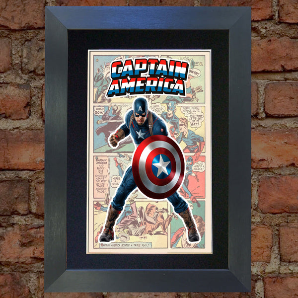 CAPTAIN AMERICA Superhero Wall Comic Art Black / Silver / Gold Frame Poster #715