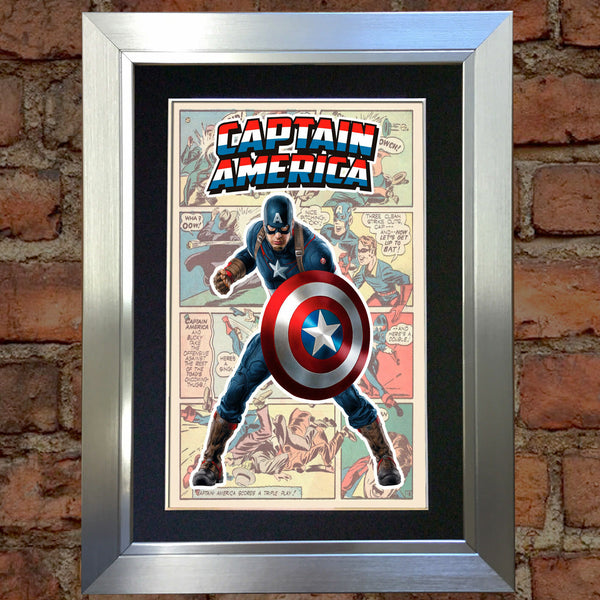 CAPTAIN AMERICA Superhero Wall Comic Art Black / Silver / Gold Frame Poster #715