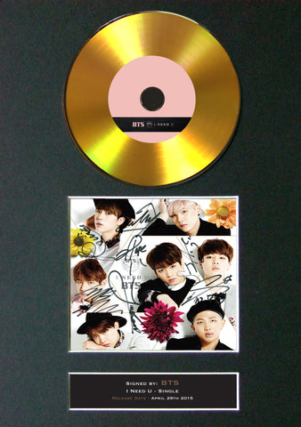 #175 BTS GOLD DISC I Need You / U Single Cd Signed Autograph Mounted Print