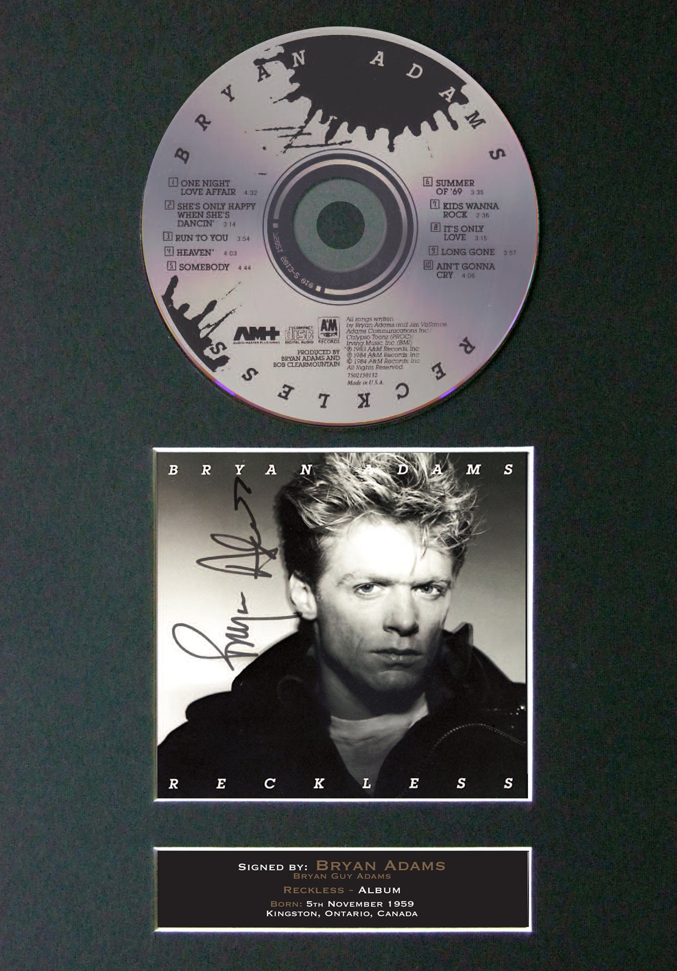 BRYAN ADAMS Reckless Album RARE Signed Cd MOUNTED A4 Autograph Print 72