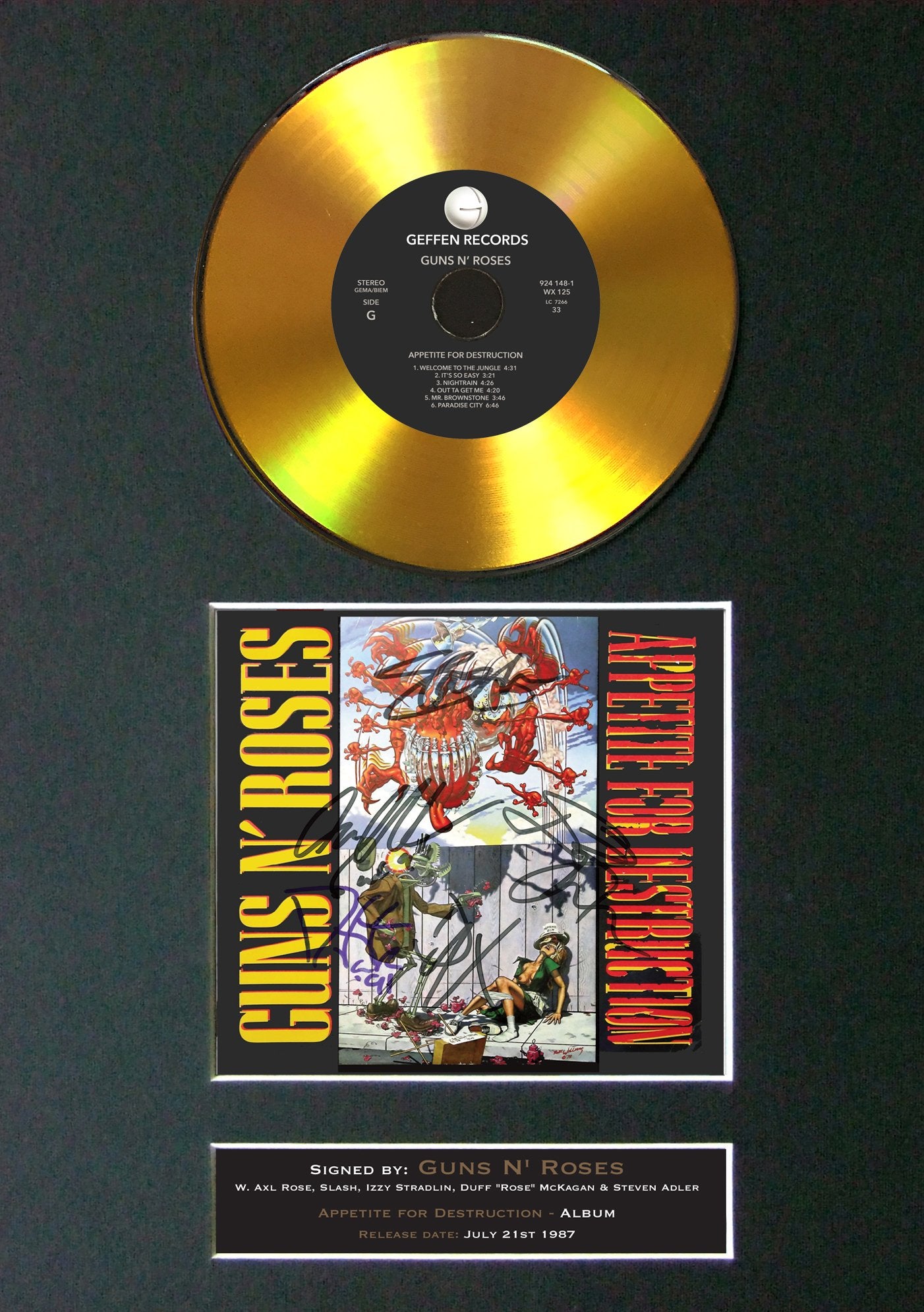 #167 Guns & Roses - Appetite GOLD DISC Album Signed Autograph Mounted Repro