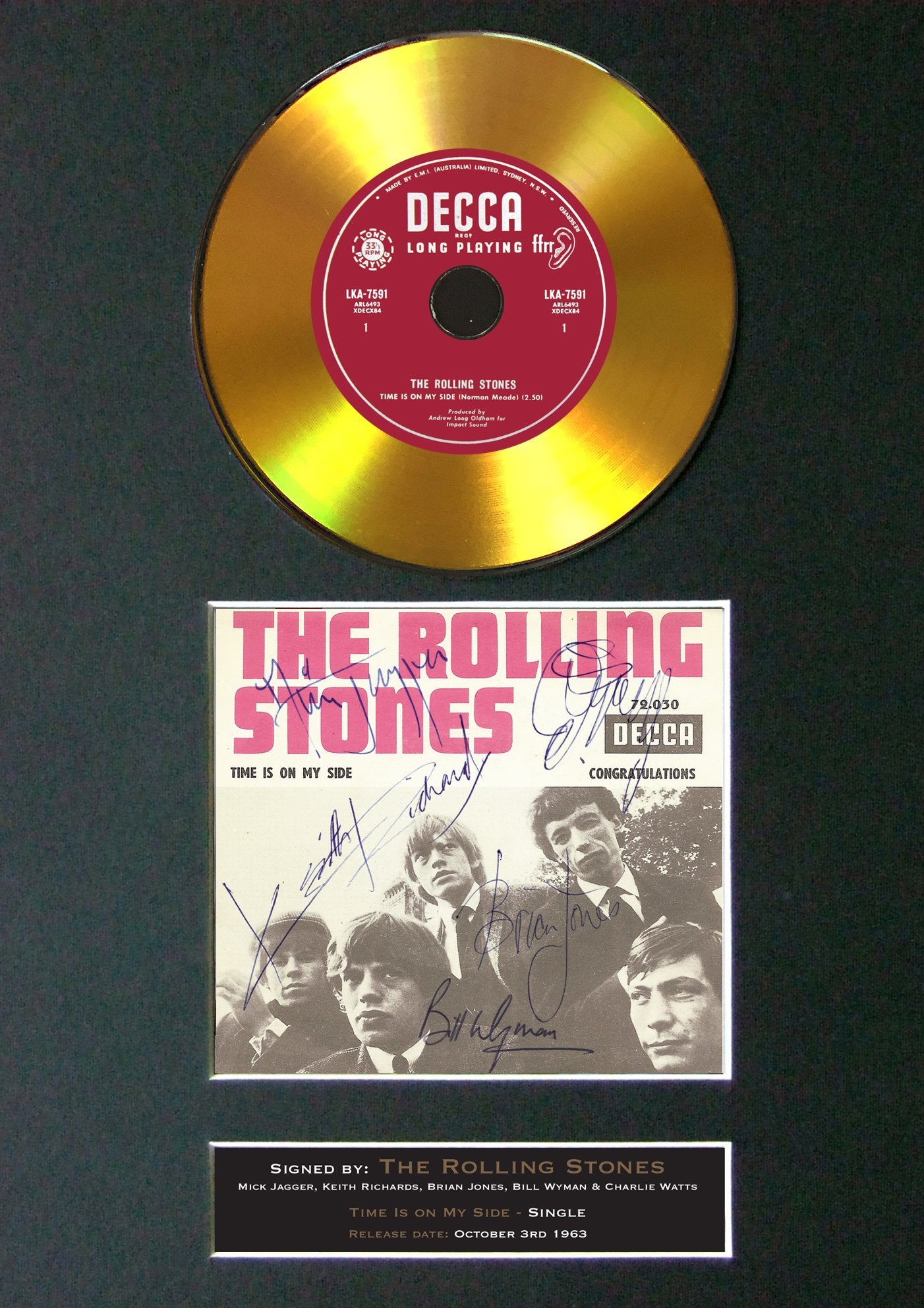 #148 Rolling Stones - Time is on my Side GOLD DISC Album Signed Autograph Mounted Repro