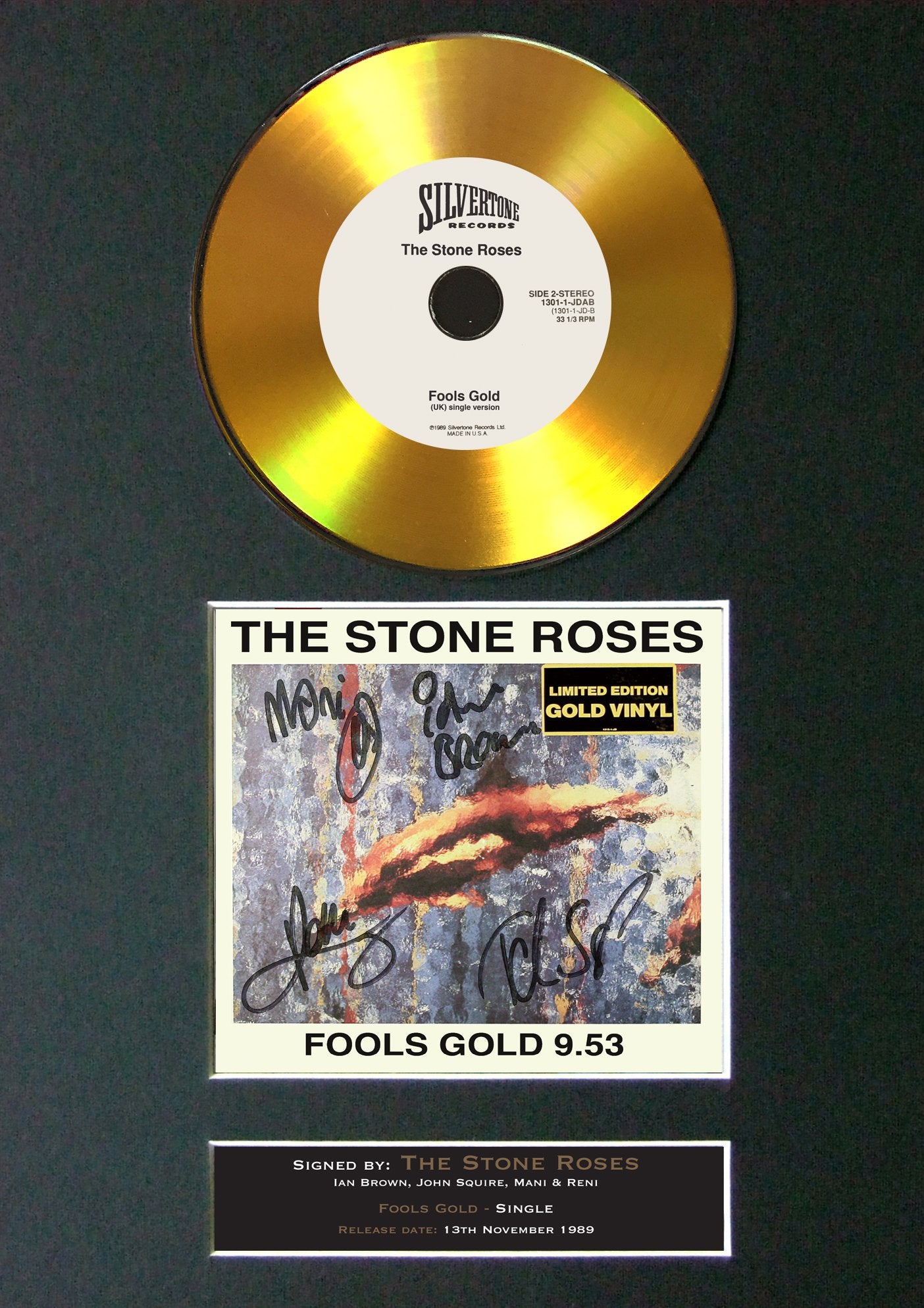 #155 Stone Roses - Fools Gold 9.53 GOLD DISC Album Signed Autograph Mounted Repro